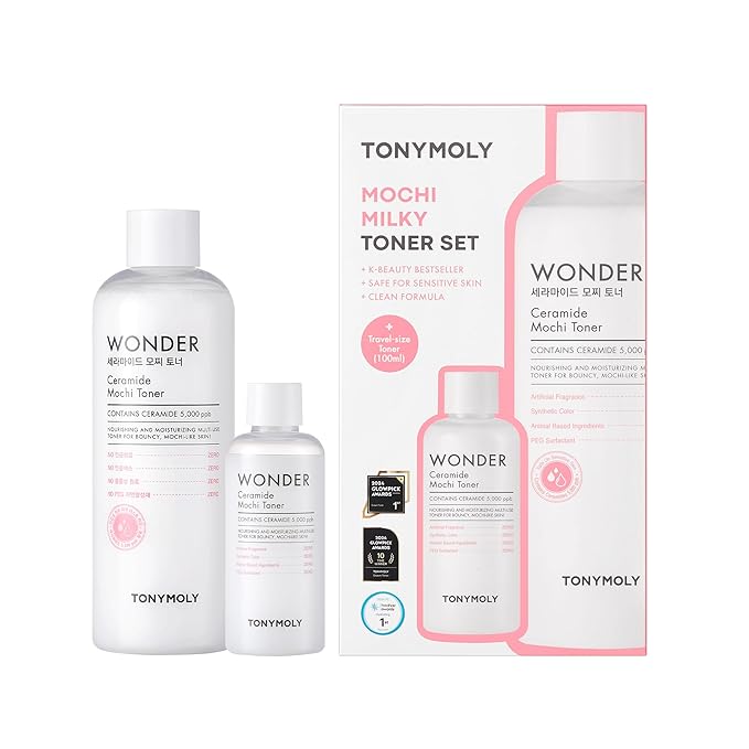 TONYMOLY Mochi Milky Toner Set – Hydrating Korean Toner with Ceramide, CICA, Panthenol & Hyaluronic Acid – Strengthens Skin Barrier, Soothes & Moisturizes – 500ml + 100ml Travel Size Duo