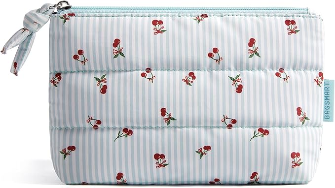 BAGSMART Small Makeup Bag, Puffy Portable Cosmetic Pouch with Charm Zipper, Water-Resistant Travel Organizer for Women (Ditsy Cherry Print, Small)