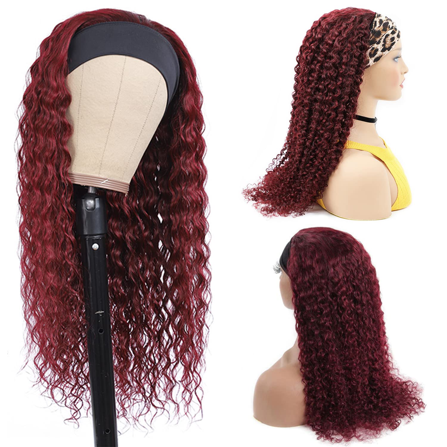 Aiterina Headband Wig deep wave human hair wigs for Black Women Brazilian Remy Hair Glueless Non Lace Front Wig 150% Density (10 inch, 99J)