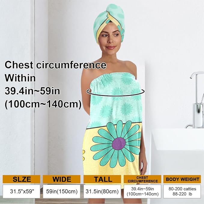 Women’s Spa Wrap Towel and Hair Drying Cap Set – Floral Quick-Dry Bath Wrap Skirt with Elastic Fit – Soft Shower Towel Dress for Women & Girls – Ideal for Spa, Travel, Dorm, (Floral)
