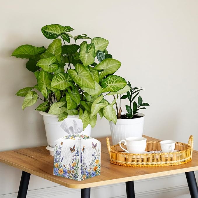 Wildflower Tissue Box Cover Colorful Spring Butterfly Garden Leather Tissue Box Holder Square Facial Paper Organizer Dispenser for Bathroom Kitchen Bedroom Vanity Countertop Night Stands