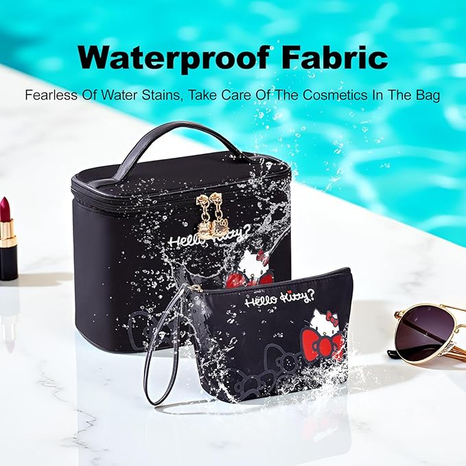Vimanllie Travel Makeup Bag Large Cosmetic Bags with Brush Holder,Black Waterproof 2PCS Portable Cosmetic Case for Women,Toiletry Bag for Skincare&Beauty Tools for Her