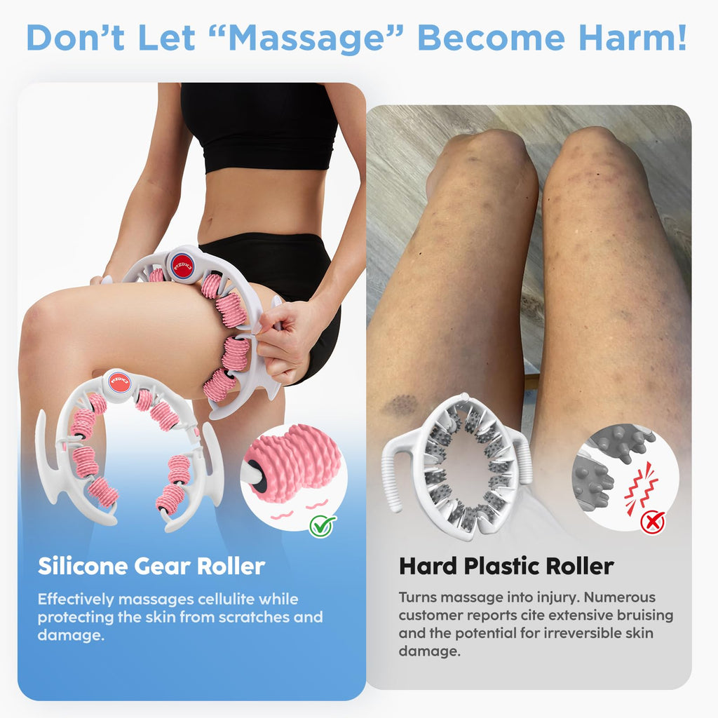 MZDXJ Cellulite Massage Tool - Lymphatic Drainage Massager - Muscle Roller, Deep Fascia Massage, Dimpled Skin Removal, Legs/Thighs/Buttocks, Anti-Cellulite Roller, Smooth Skin (14 Wheel - Pink)