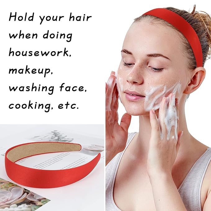 Wecoe 10 Pack Red Headband Women 1 Inch Wide Satin Headbands Non Slip Fashion Plain Head Bands Solid Hair Bands DIY Hair Accessories for Women Girls Diademas Para Mujer