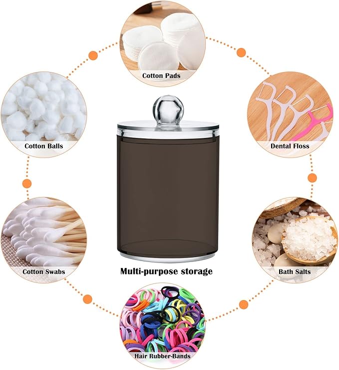 Brown Qtip Holder Organizer Dispenser Cotton Swabs Cans Plastic Jars with Lid Set 4 Pack Bathroom Storage Canister for Cotton Ball Floss Cotton Pads
