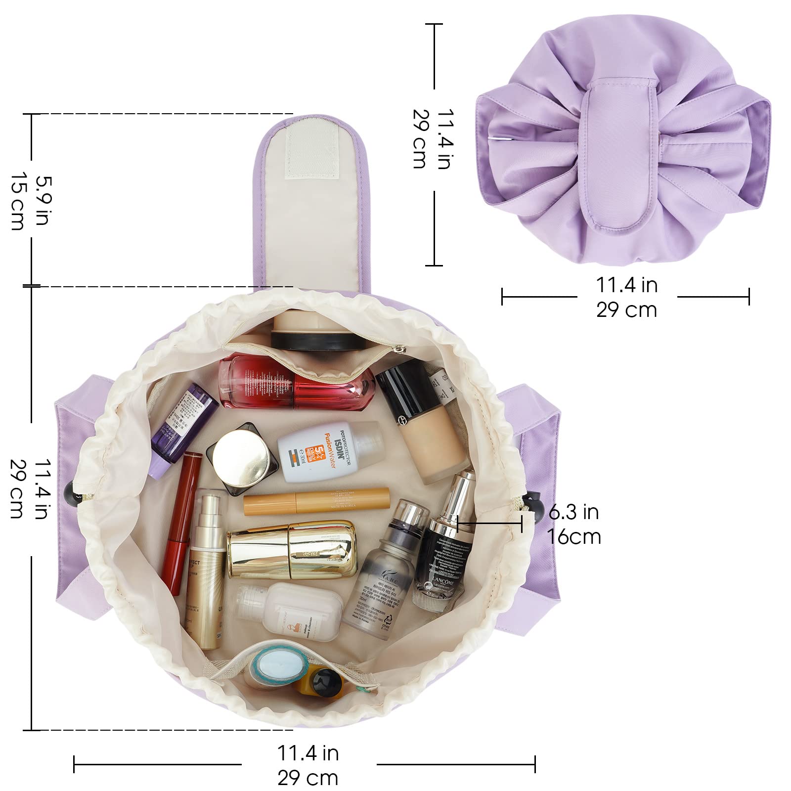 Narwey Barrel Drawstring Makeup Bag Large Cosmetic Bag Make up Bags Toiletry Bag Travel Bags for Toiletries Organizer for Women Gift for Teen Girls (Purple) (Patent)