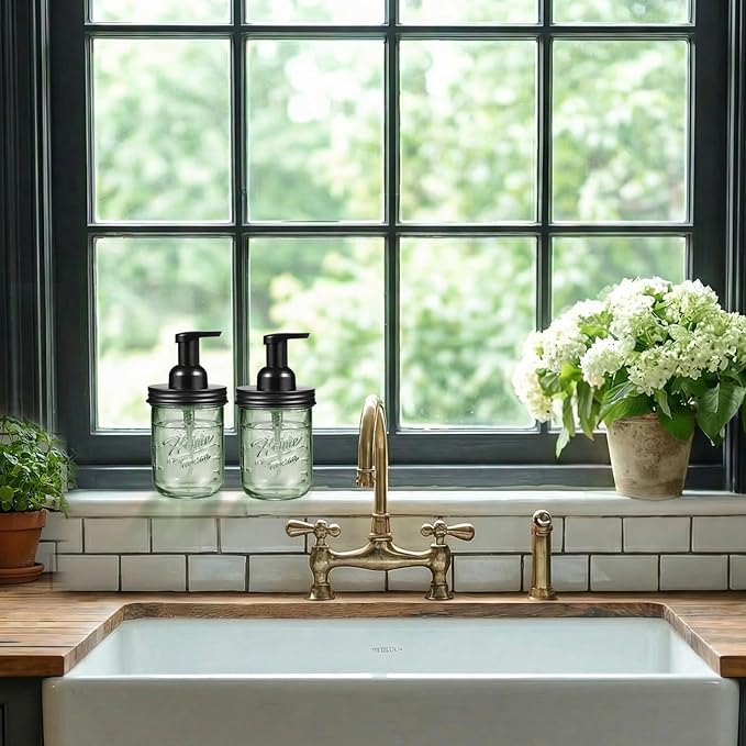 SheeChung Mason Jar Foaming Soap Dispenser, Stainless Steel Lid, BPA Free Pump, Green Glass Foam Hand Soap Dispenser, 16 Oz Refillable Liquid Foam Dispenser Bottle for Bathroom Kitchen-Black, 2 Pack