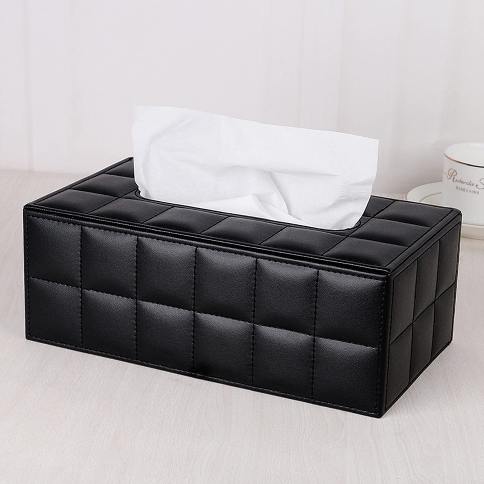 High-end Fashion PU Leather Tissue Box Holder Business Black, Rectangular Napkin Holder Drawer Paper Dispenser, Home Office Car Tissue Holder with Magnetic Bottom (Black Checkered)