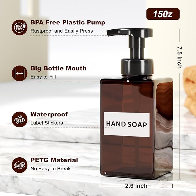 Kzeirm Amber Foaming Soap Dispenser, Refillable Foam Hand Soap Dispenser, Set of 2 Empty Foamer Pump Bottle, Brown Foaming Dispenser Bottles with Black Pump