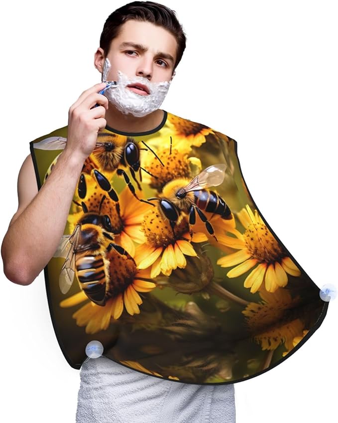 NOUZU Rural Honey Bees Flowers Print Beard Bib Apron For Men, Beard Hair Catcher For Men Shaving Trimming,Beard Cape Cloth