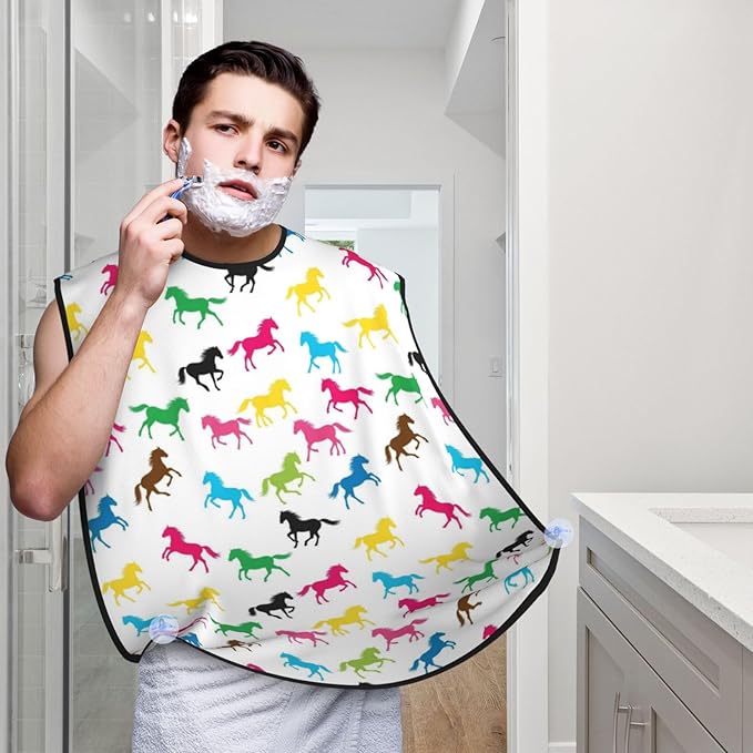 Beard Bib Apron for Men Shaving, Waterproof Non-Stick Hair Catcher with Suction Cups, Grooming Essential for Dad Husband, Colorful Horse Shave Bib