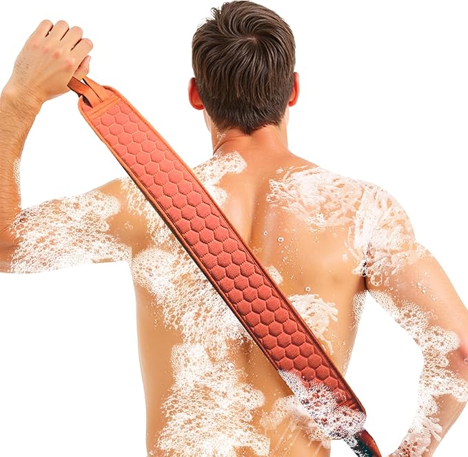 XNXA Back Scrubber for Shower with Handles, 40 Inch Extra Long Double-Sided Exfoliating Bath Strap, Textured Body Washer with Extended Reach for Deep Cleaning (Red)