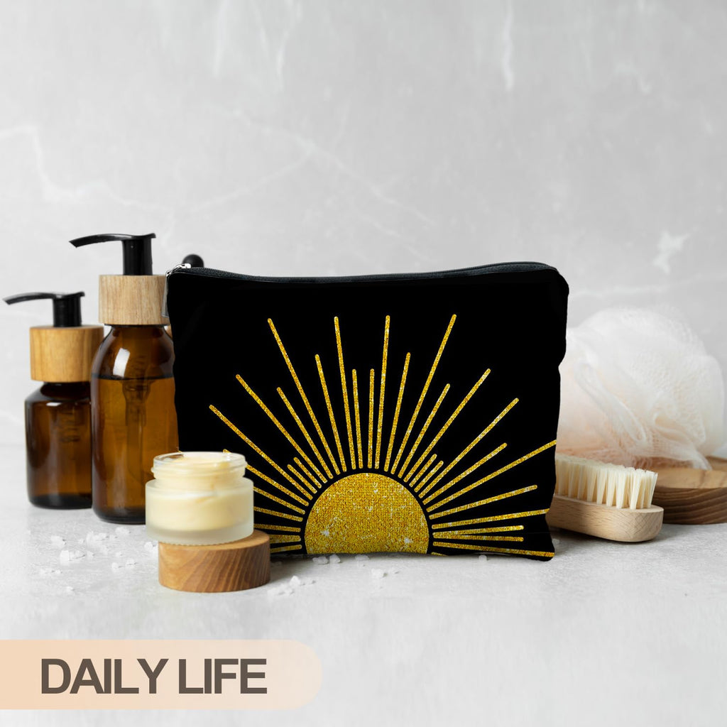 RYYCDOI Boho Makeup Bag, Boho Abstract Black and Gold Sun Sunshine Makeup Bags for Women, Boho Gifts for Women, Boho Makeup Pouch Zipper Pouch, Aesthetic Makeup Bag