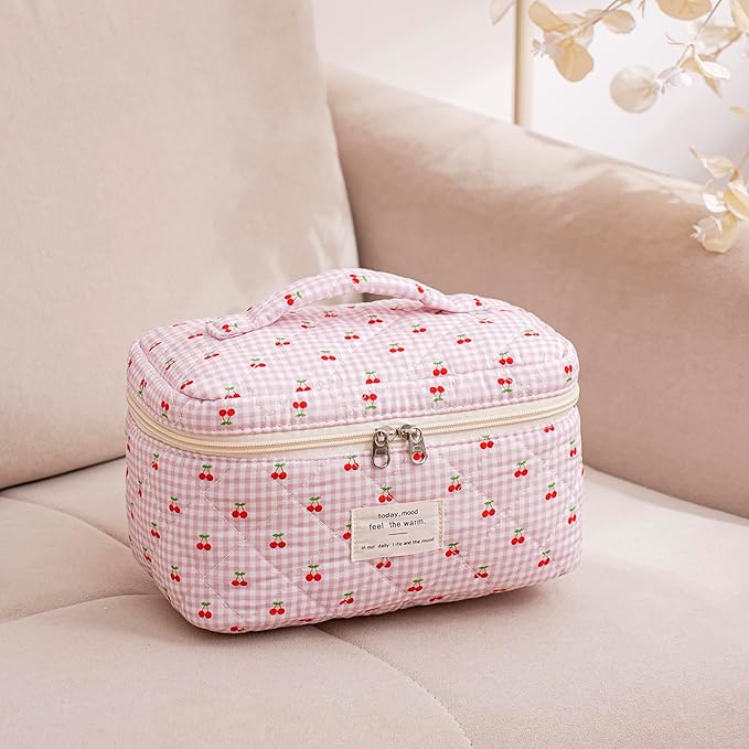 uekeboag Large Travel Quilted Makeup Bag for Women, Floral Cotton Cosmetic Bag, Coquette Aesthetic Floral Toiletry Organizer Bag(Checker Cherry