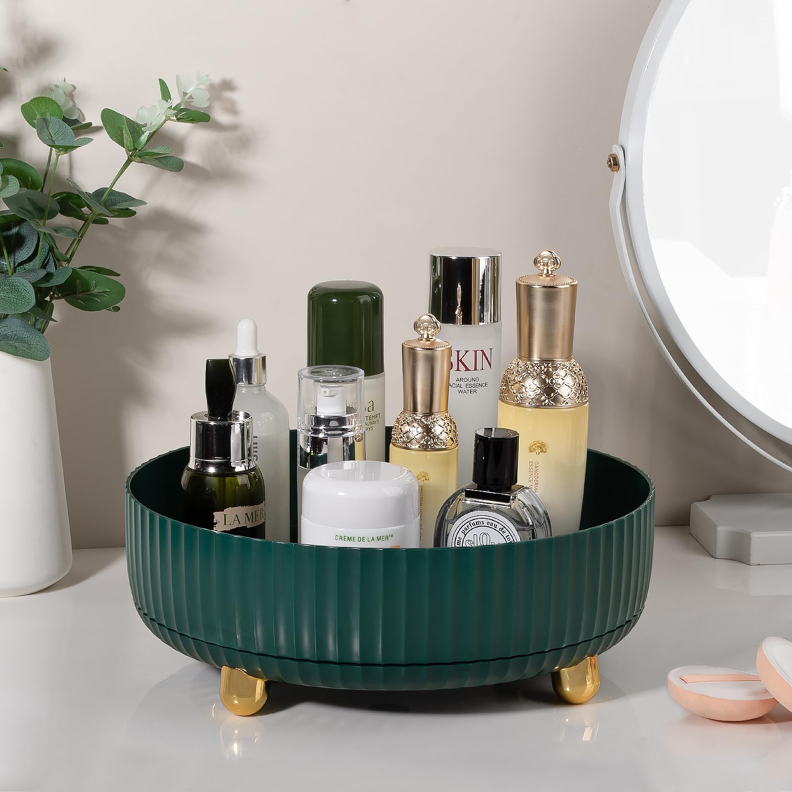 Anyoifax Makeup Perfume Organizer Tray 360 Degree Rotating Lazy Susan Skincare Lotion Organizer Spinning Cosmetics Storage for Dresser, Vanity, Bathroom Countertop, Large Teal Green