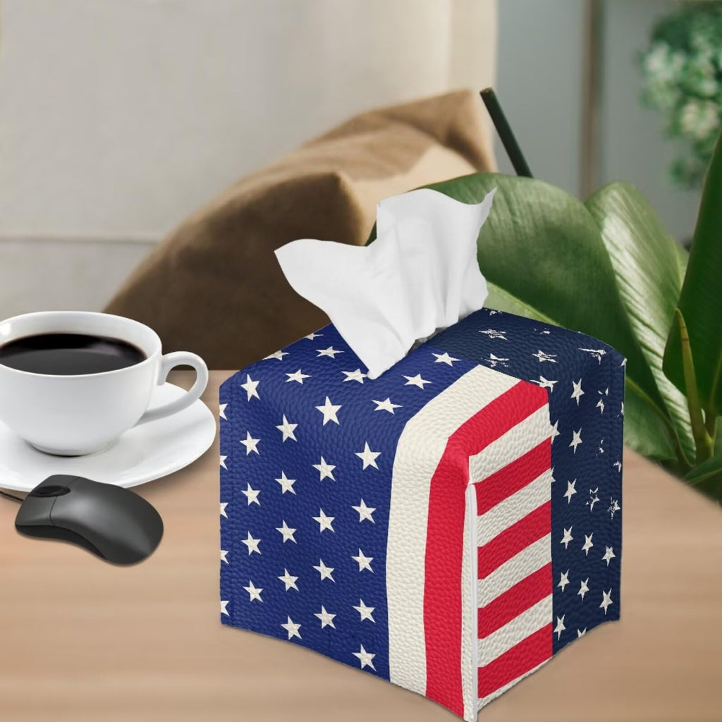 Pzuqiu American Flag Tissue Box Holder Stylish Leather Square Tissue Box Cover with Top Handle Waterproof Napkin Case Holder Home Office Bathroom Decor