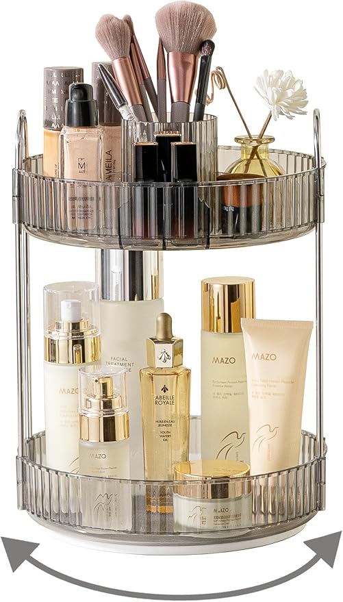 Asayuee 360 Rotating Makeup Organizer,2 Tier Large Capacity Make Up Organizers and Storage,Skincare Perfume Vanity Organizers,Bathroom Cosmetics Storage Organizer Countertop(Clear)