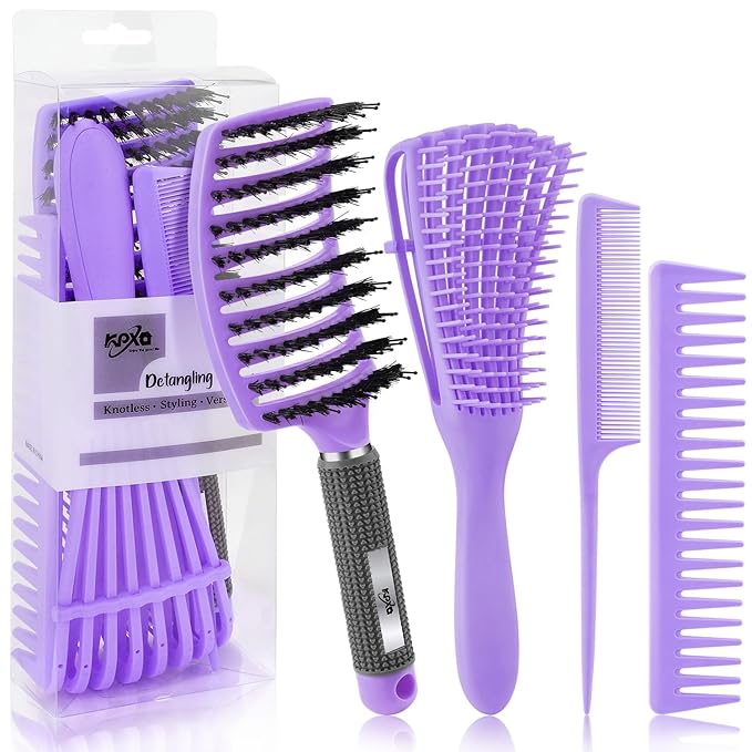 4pcs Curly Detangling Brush Set for Adult & Kids Wet or Dry, 3/4ABC Hair with Wide Tooth Comb (4, Purple)