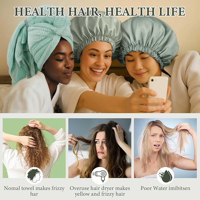 Floraltop 4 Pcs Microfiber Drying Hair Wrap Towels Reusable Waterproof Shower Cap with Elastic Band Adjustable Silk Hair Bonnet for Sleeping with Scrunchie for Women Christmas Favor Gifts(Green)