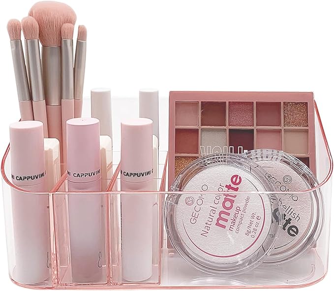Makeup Tray Holder Organizer Cosmetic Display Case Tabletop Desktop Vanity Countertop Bathroom Wall Cabinet Medicine Storage Box 9 Dividers 2 Removable Women Ladies Girls Gifts Crystal Pink 1 PACK