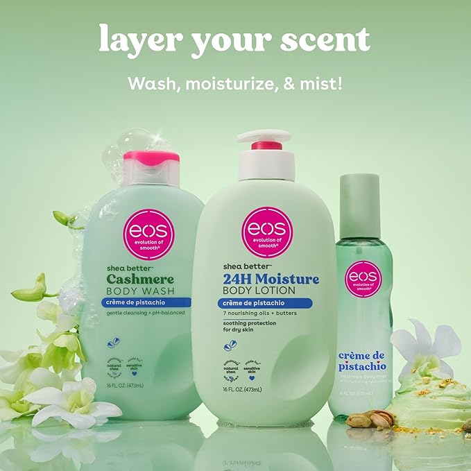 eos Shea Better Body Lotion- Crème de Pistachio, 24-Hour Moisture Skin Care, Lightweight & Non-Greasy, Made with Natural Shea, Vegan, 16 fl oz