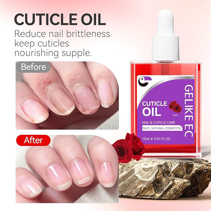 Gelike EC Nail Cuticle Oil - Rose Scent Organic Nail Moisturizing With Natural Jojoba Vitamin B & E for Nail Bed ＆ Damaged Nails Repair Treatment- Cuticle Cream for Nail Growth and Strength(15ml)