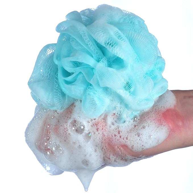 iboodi 60g/pcs Multi-Color Mesh Bath Sponge Shower Pouf Loofahs Shower Puff Pack of 4 (White,Pink,Purple and Blue)