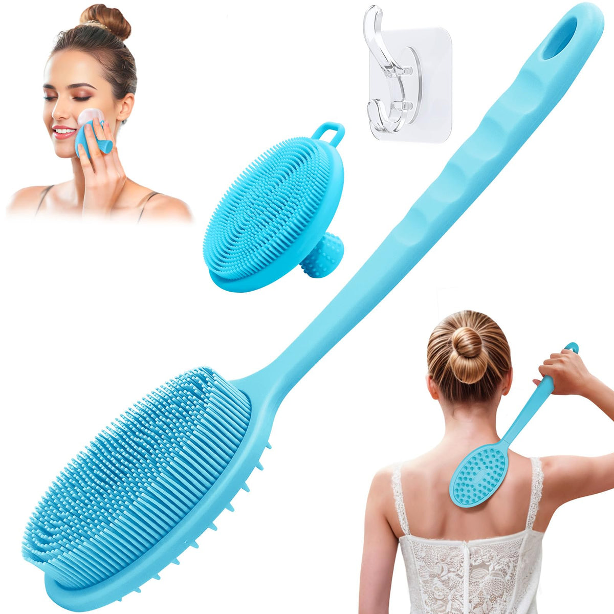 GEENOA Silicone Back Washer for Shower, Gentle Exfoliating Body & Back Scrubber with Handle, Silicone Loofah with Two Dual-Side & Replaceable Brush Heads(Green-Two Heads)