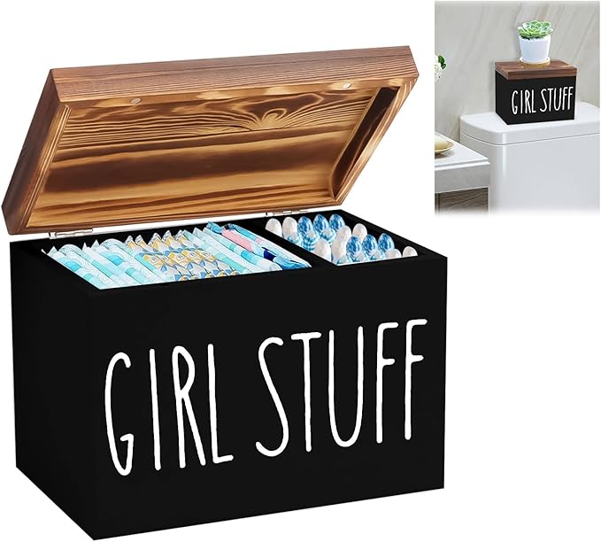 Tampon Holder for Bathroom, Feminine Product Organizer Pad Case with Lid, Pad and Tampon Organizer, Bathroom Accessories Box for Girl Stuff (Black)
