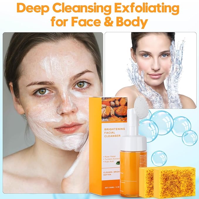 Kojic Acid Soap Set, Lemon Turmeric Kojic Acid Soap Bar & Tuemeric Facial Cleansing Mousse, Deep Cleansing for All Skin Types