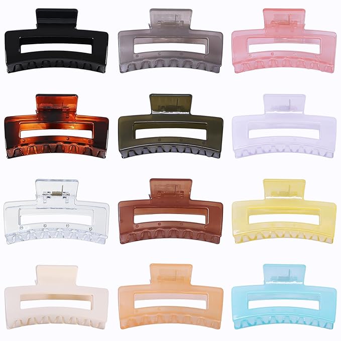 Sisiaipu 12 Pack Medium Square Claw Hair Clips, 3.5 x 2 x 1.1 inch, Shiny, 12 Colors, Hair Accessories for Women and Girls, Rectangular Rectangle Jaw Clips for Thick and Thin Hair Securing, 12 Pieces