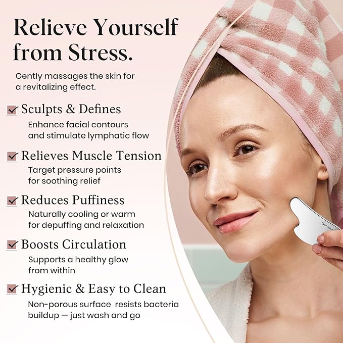 Oeusnael Stainless Steel Gua Sha Facial Tools, Lymphatic Drainage Massager for Face, Face Sculpting & Jawline Shaper, Puffiness Reducing, Neck Body Guasha Tool, Skin Care Gift for Women Men with Pouch