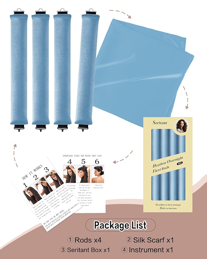 Seritant Heatless Curls Overnight with Satin Head Scarf, Velvet Hair Rollers for Blowout Look, No Heat Curling Rod for Long Thick Hair, Soft Sleep In Flexi Rods - 4PCS(5)