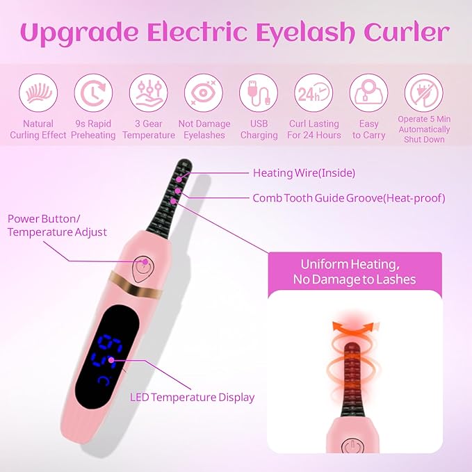 Heated Eyelash Curler, for Long-Lasting Curl, Fast Heating Portable Eyelash Curler for Daily Makeup & Travel, Anti-Scald Design with Multiple Temperature Settings, Valentine's Day Gift