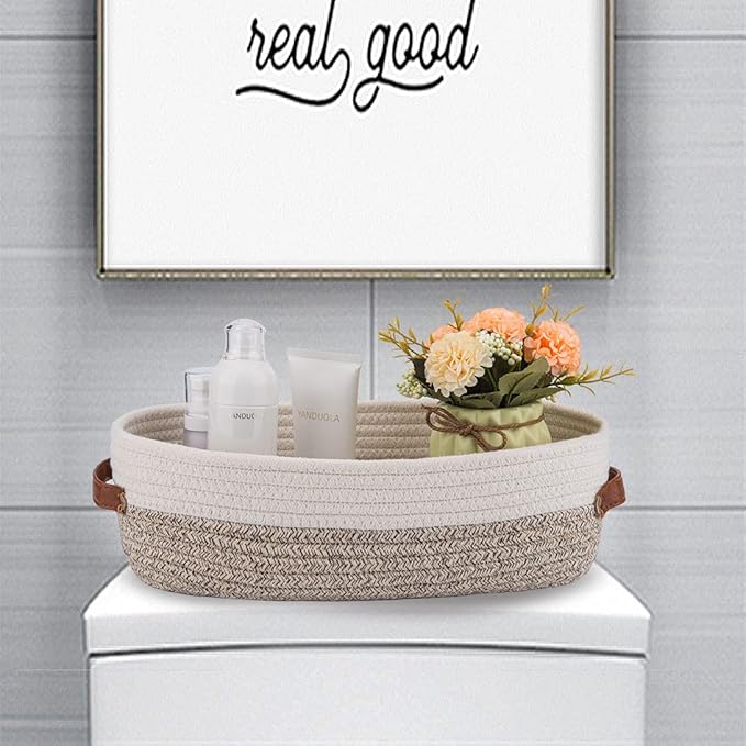 Oradrem Woven Storage Basket for Toilet Tank Top,Farmhouse Home Decor Organizing Basket for Bathroom,Table and Counter 13"x5.9"x4" Apricot Stitching White