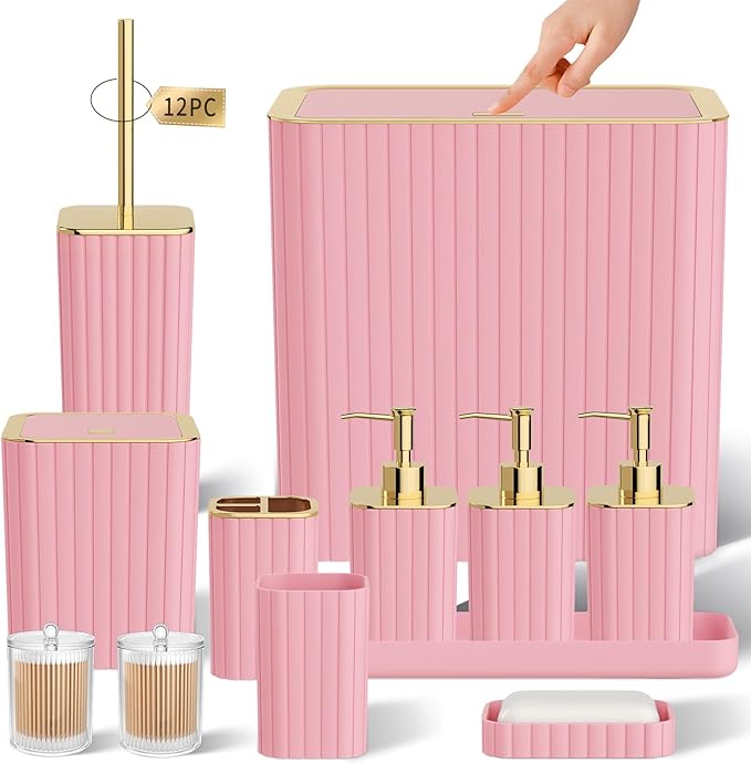 InnJoey Bathroom Accessory Set - Bathroom Set, 27PC Bathroom Accessories Set, White Bathroom Sets with Shower Curtain and Rugs, Mini Trash Can, Toilet Brush, Trash Can & Soap Dispenser
