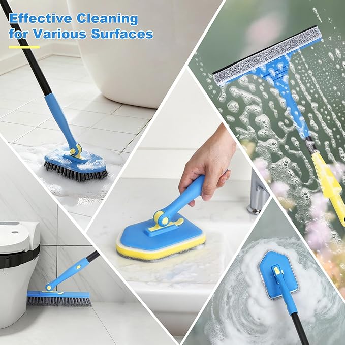 Tile Tub Scrubber Brush with 5 Different Function Cleaning Heads and 51" Extendable Long Handle Non Scratch Shower Scrubber for Cleaning Bathroom Kitchen Toilet Wall Bathtub