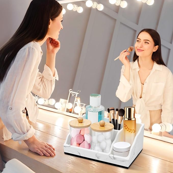 Bathroom Counter Organizer, White Marble Toothbrush Holders for Bathrooms with 2PCS Qtip Holder, Bathroom Organizer Countertop Toothbrush and Toothpaste Holder for Makeup Organizer for Vanity