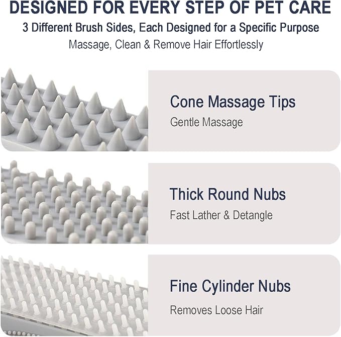 3-in-1 Triangular Dog Bath Brush for Dogs & Cats, Silicone Pet Grooming Brush with Deshedding Bristles, Massage Cones & Deep Cleaning Nubs, Black