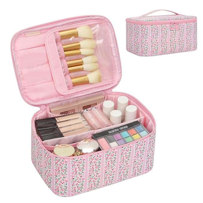 Makeup Bag with Multi-Pockets,Travel Cosmetic Bag with 2 Transparent Side Pockets for Easy Small Item Finding, Enlarged Internal Compartments, Large Capacity Waterproof Bottom Makeup Organizer -Floral