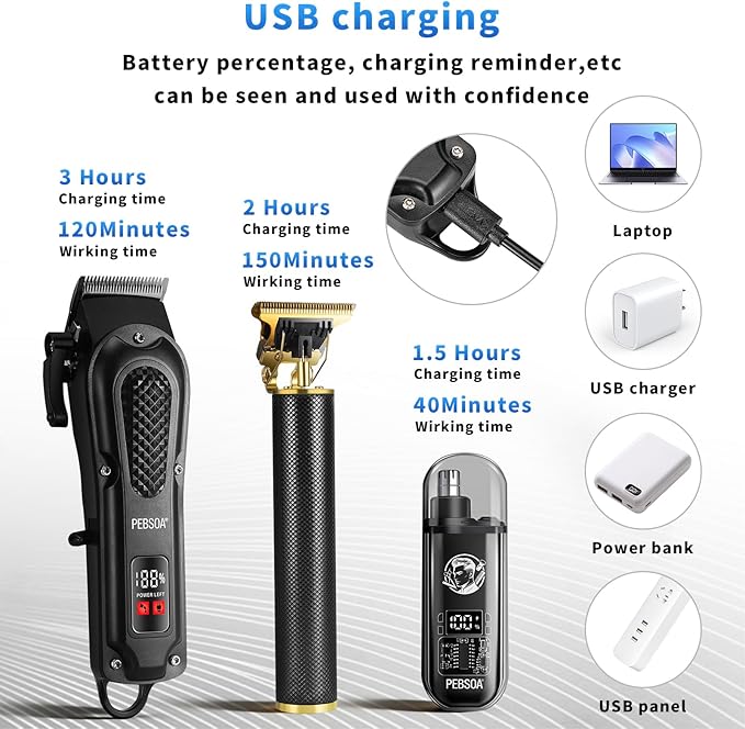 pebsoa® Men's Professional Hair Clippers Kit，Cordless & Corded Barber Clippers Set，Grooming Rechargeable Beard Trimmer with Adjustable Blade Black