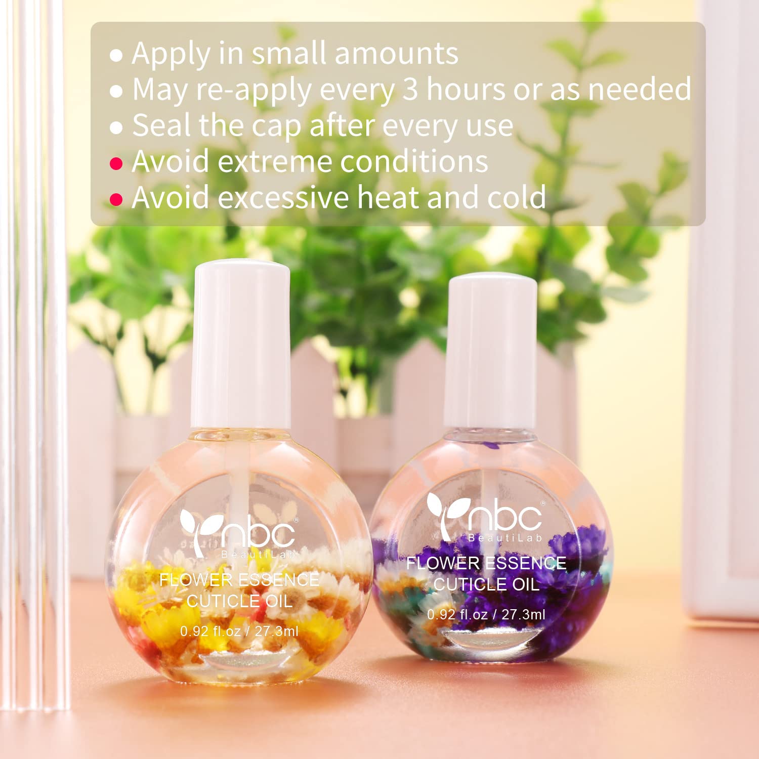 NBC BeautiLab FLOWER Essence Cuticle Oil. Use natural ingredients and vitamin E to moisturize and activate the cracked and hard stratum corneum. 0.92 oz