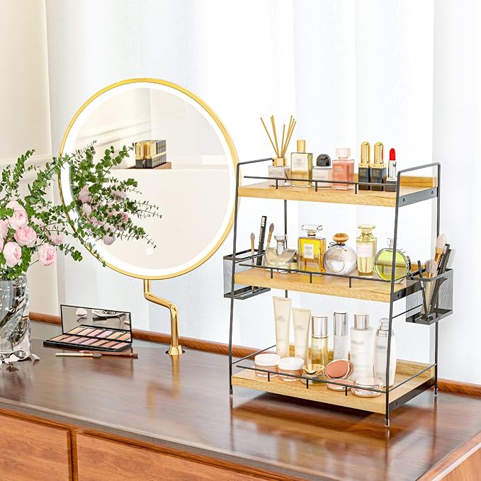 BSTSLL 3 Tier Bathroom Counter Organizer with Side Baskets, Wood Countertop Vanity Shelf,Sturdy Metal Frame fits Tall Bottles