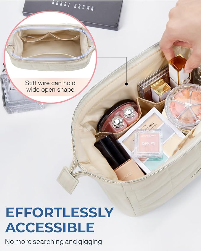 BAGSMART Makeup Bag Cosmetic Bag Wide Open, Beige, M, Wide-open Travel Makeup Bag With Puffy Padded and Rectangular Quilted