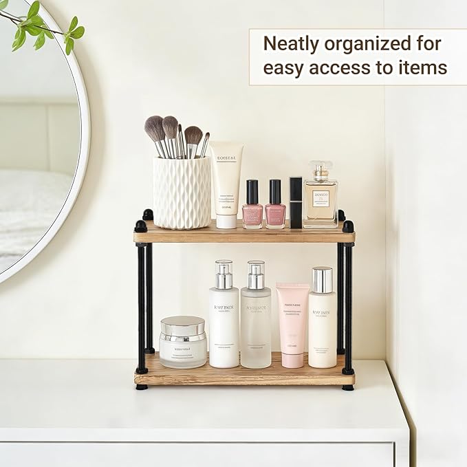 Mkono Bathroom Counter Organizer, 2 Tier Rustic Wood Countertop Sink Shelf