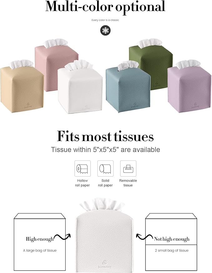 Tissue Box Cover, Jeethemy Square PU Leather Tissue Box Holder, Modern Tissue Case Facial Paper Organizer Dispenser，5X5X5'',Double White