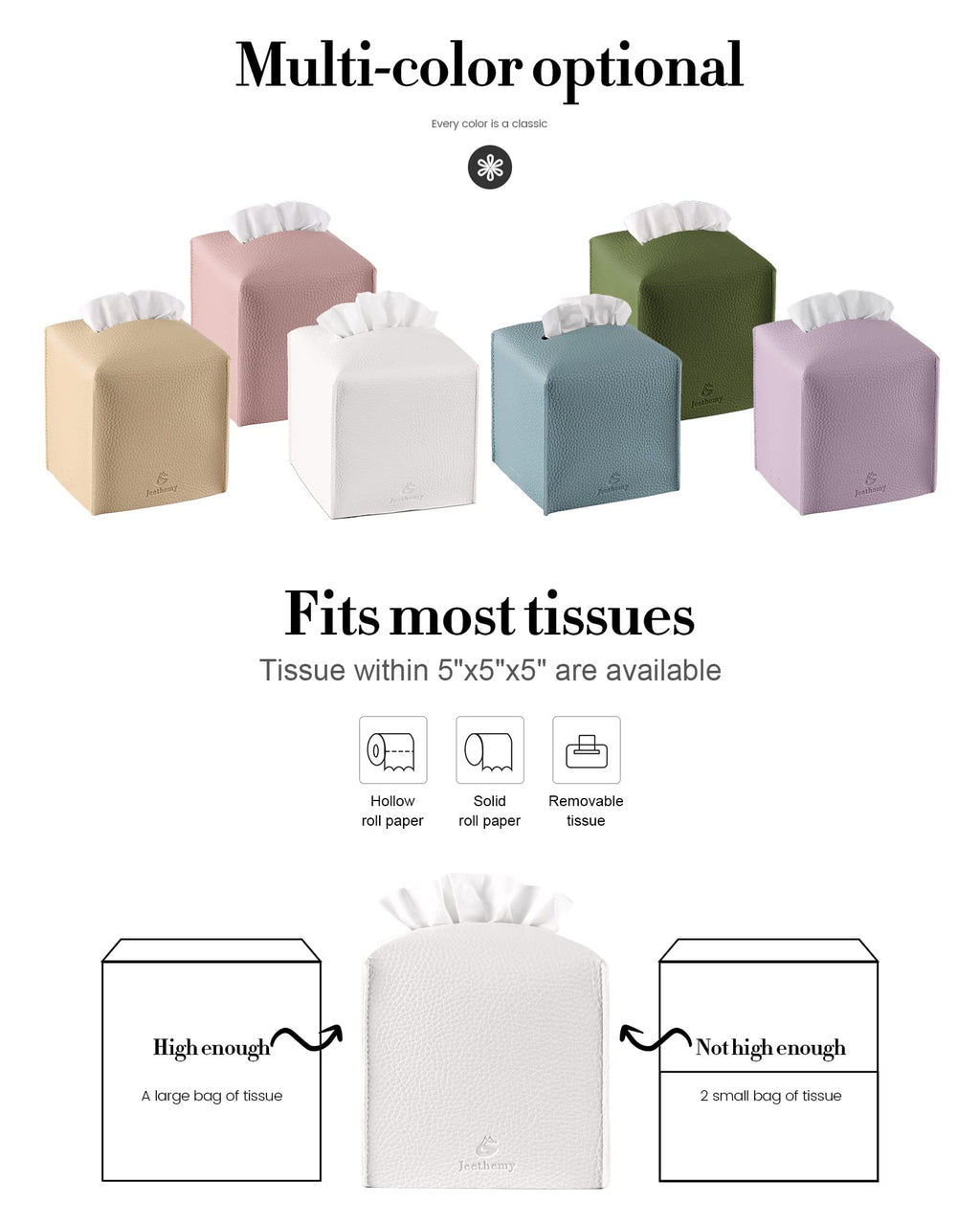 Tissue Box Cover, Jeethemy Square PU Leather Tissue Box Holder, Modern Tissue Case Facial Paper Organizer Dispenser，5X5X5'',Single White