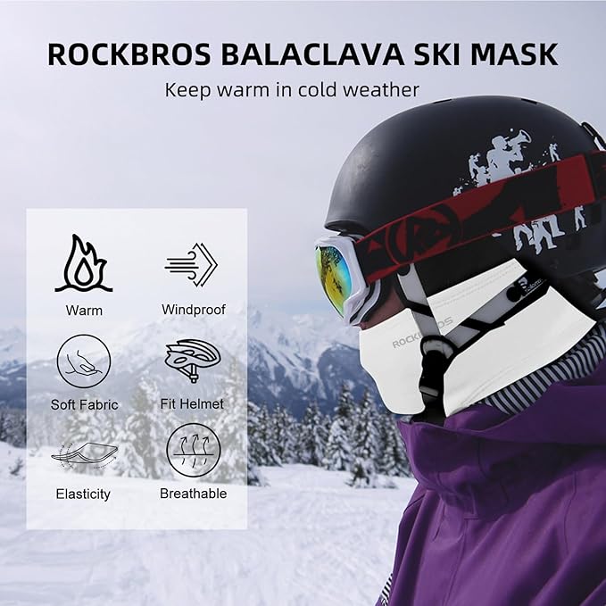 ROCKBROS Cold Weather Balaclava Ski Mask for Men Windproof Thermal Winter Scarf Mask Women Neck Warmer Hood for Cycling (White)