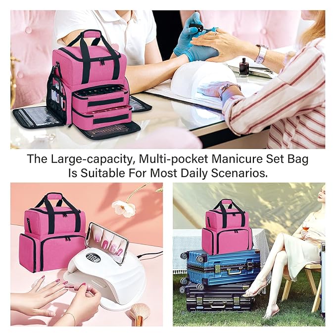 Nail Polish Organizer Holds 80 Bottles & Nail Art Lamp, Portable Large Capacity Storage with 2 Removable Storage Bags Store Nail Art Tools, Suitable for Manicurists(Rose Red)