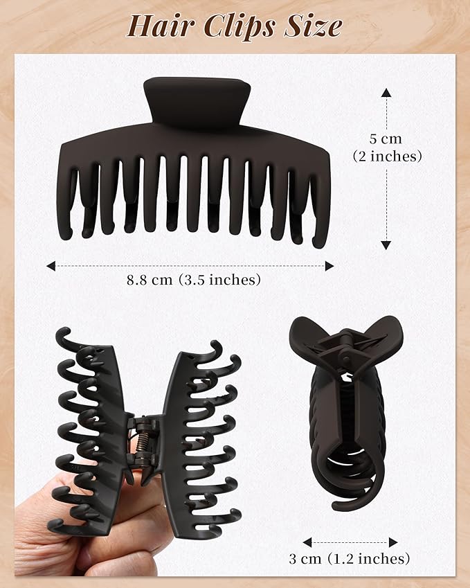 Mesovor 4 Pack Double Row Teeth Hair Claw Clips, 3.5" Large Strong Hold Matte Hair Clips for Thin and Short Fine Hair Accessories (2pcs Black, 2pcs Dark Brown)